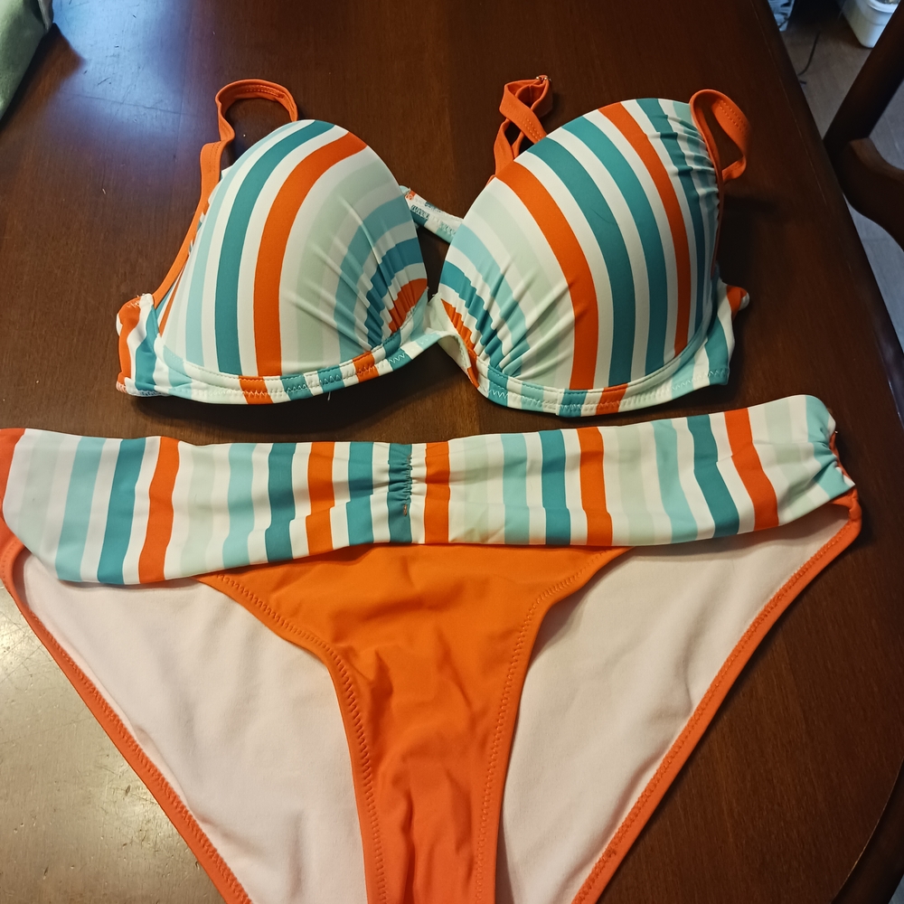 Retro Orange and Blue Bikini with Bold Stripes